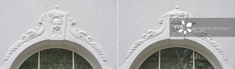 劳夫最古老的幼儿园的窗户上方，一个女孩和一个男孩的头像浮雕，德国巴伐利亚州图片素材