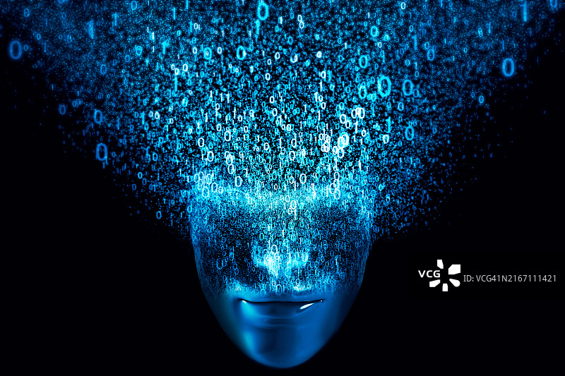 由二进制和粒子组成的人工智能机器人面部图片素材