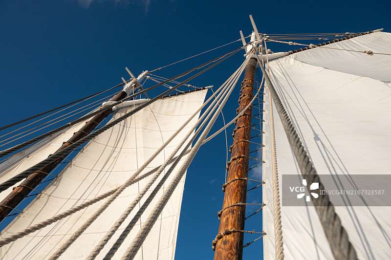在贝基亚岛和多巴哥群岛之间的传统帆船上，帆下的桅杆和索具，圣文森特和格林纳丁斯图片素材