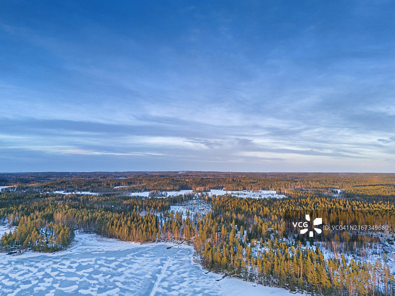 芬兰的冰冻湖面和森林蓝天图片素材
