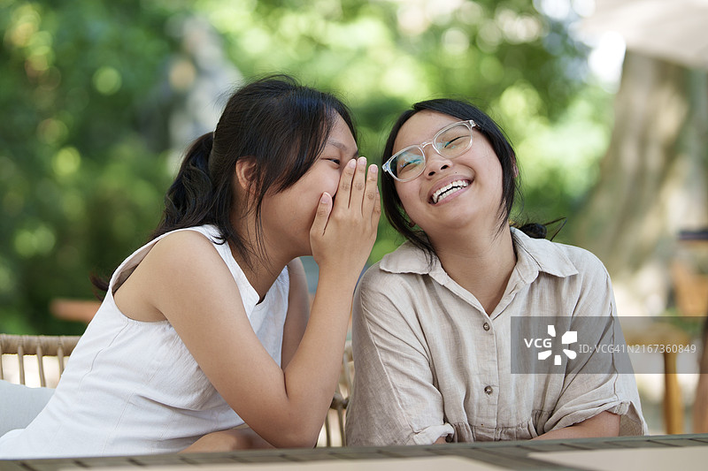 快乐的少女们分享窃窃私语的秘密图片素材