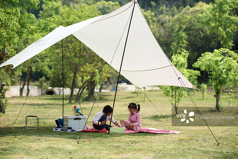 兄弟姐妹户外玩耍露营图片素材