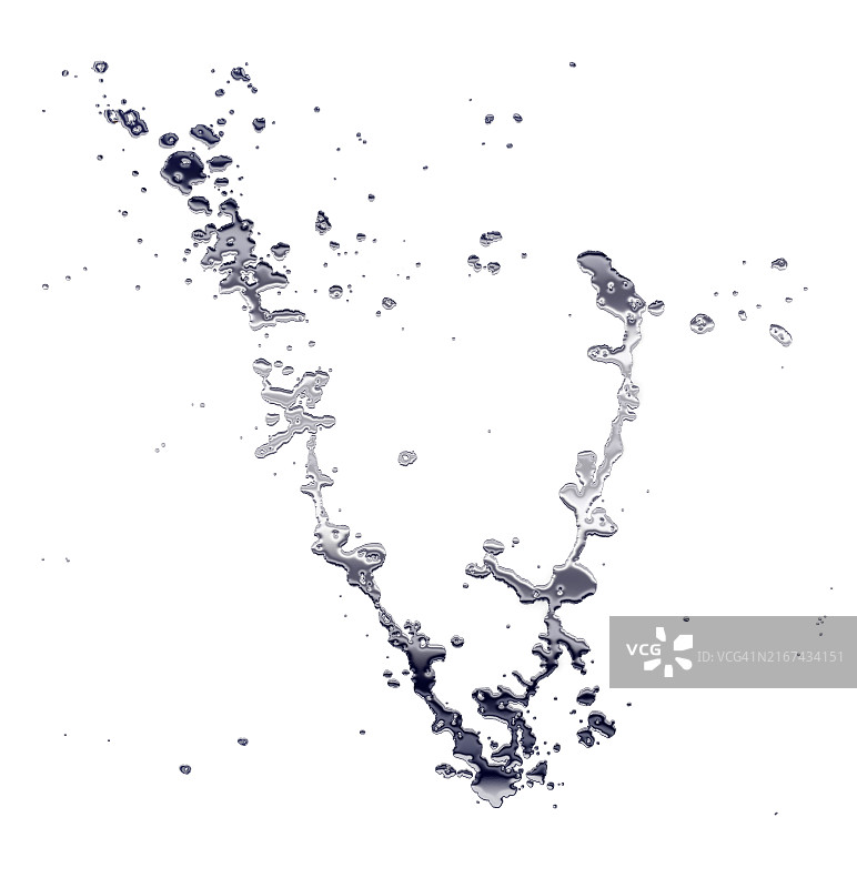 白色背景上银色金属液体的动态水滴和射流图片素材