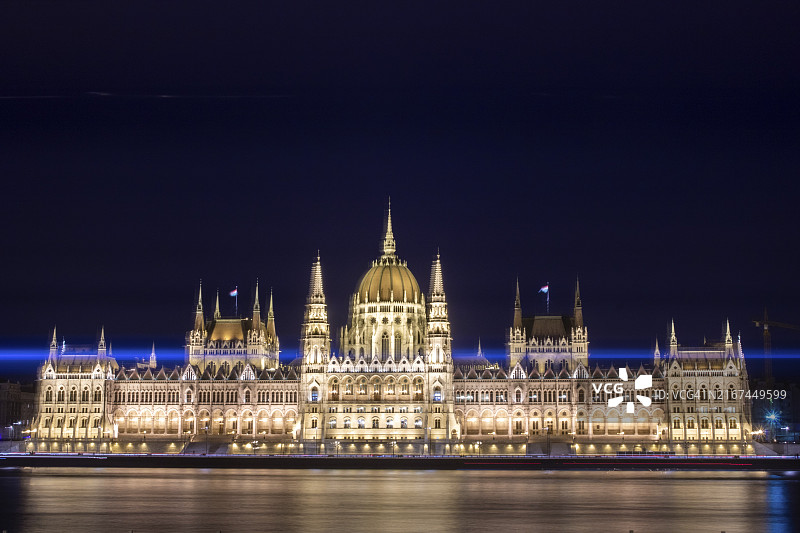 多瑙河上议会大厦的美丽夜景。布达佩斯浪漫景色，匈牙利，欧洲图片素材