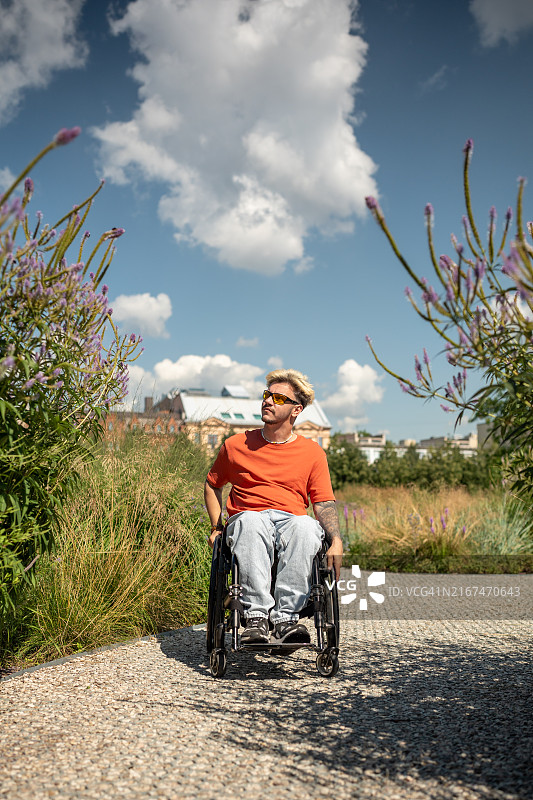 坐在轮椅上，享受城市公园宁静漫步，欣赏草本植物图片素材