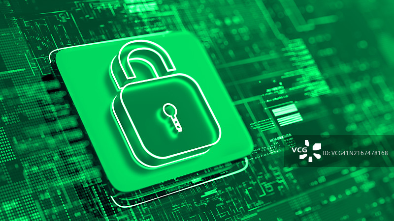 网络安全：网络和数据保护，数字CPU上的锁标志图片素材