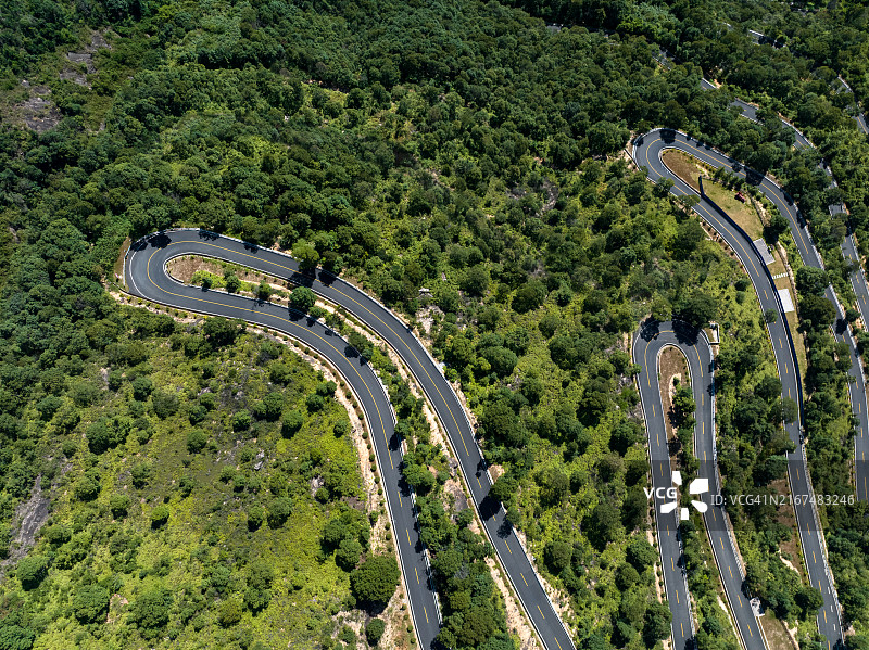 茂密树林中的蜿蜒山路航拍图片素材