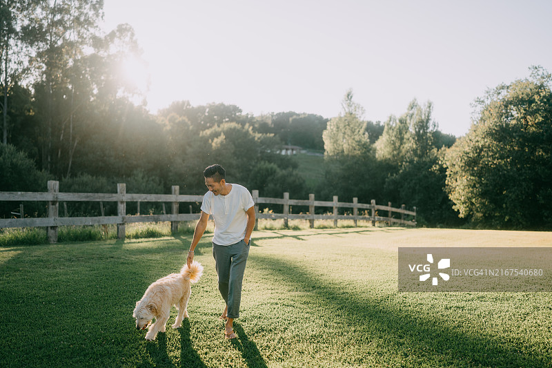 男子在草坪上遛狗图片素材