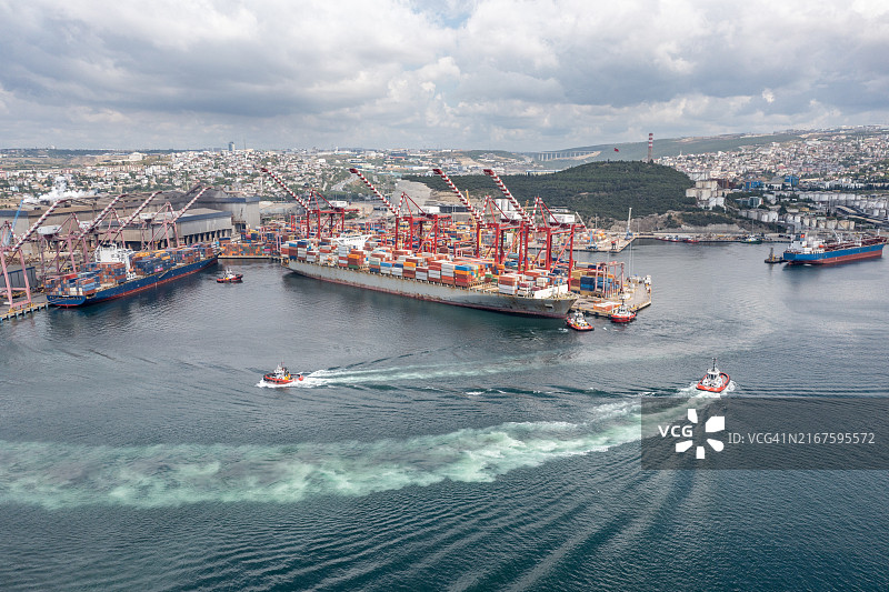 起重机装运货物至港口的进出口物流业务货轮鸟瞰图图片素材