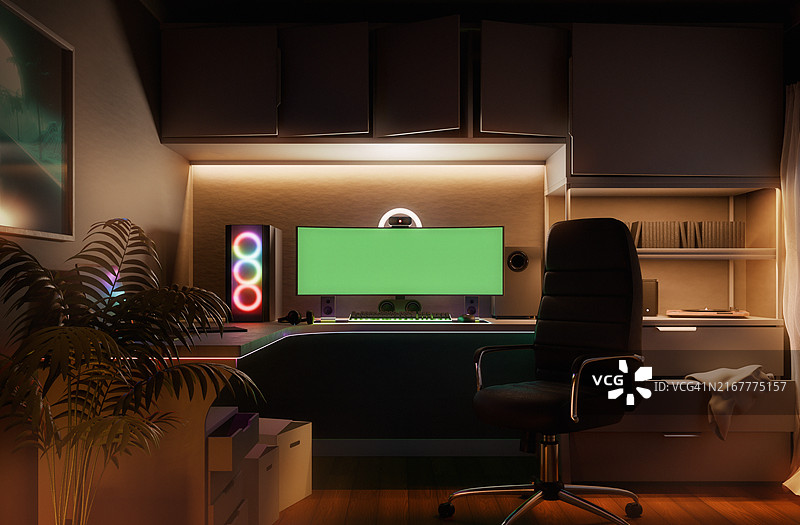 夜晚的游戏玩家卧室与绿屏显示器图片素材
