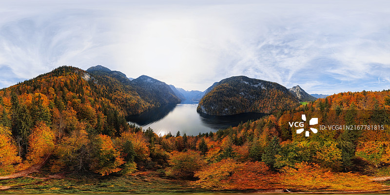 德国贝希特斯加登国家公园国王湖360x180度全景航拍图片素材