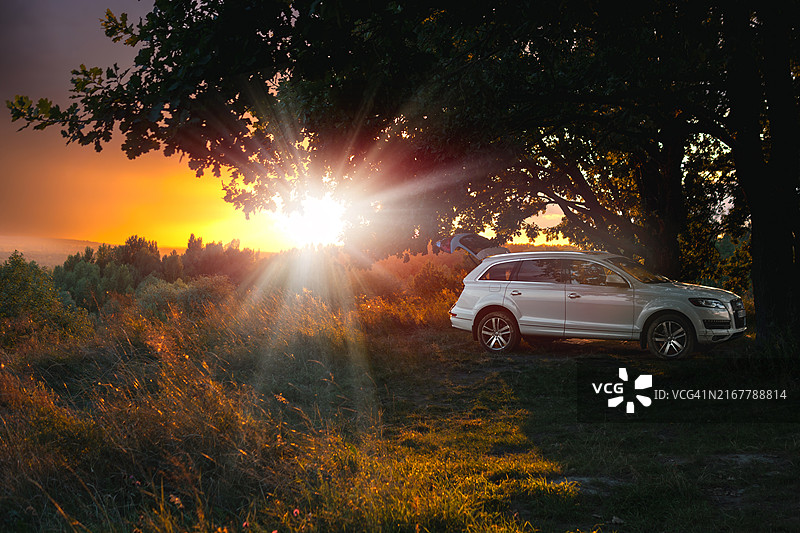 白色豪华SUV奥迪Q7后备箱图片素材