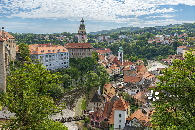 伏尔塔瓦河畔的克鲁姆洛夫城堡和城镇，联合国教科文组织世界遗产，捷克克鲁姆洛夫，南波西米亚地区，捷克（捷克），欧洲图片素材