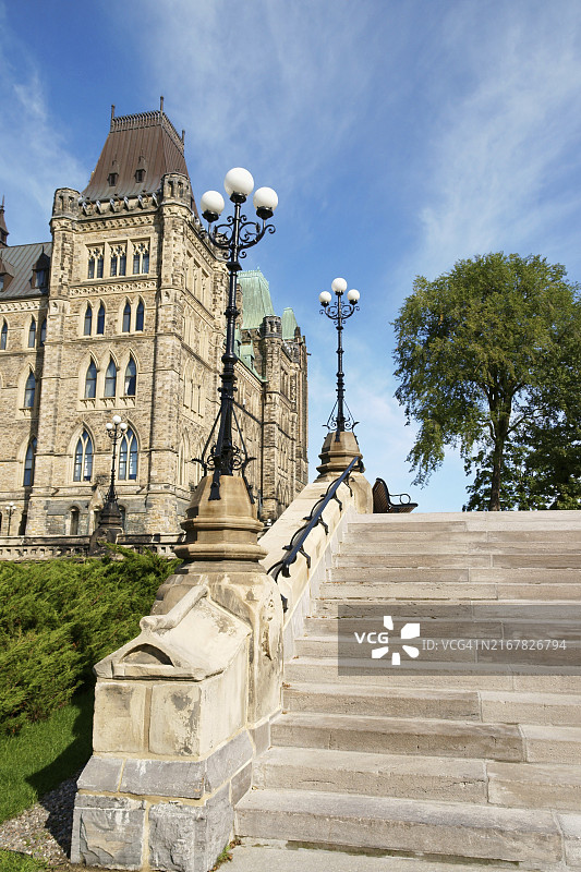 加拿大议会大厦的石阶和灯柱图片素材