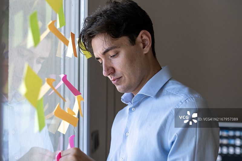 在彩色便签上做笔记的商人图片素材