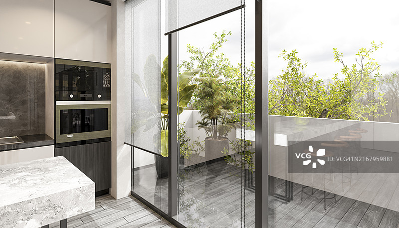 厨房的开放式玻璃门侧视图，背景是植物，没有人图片素材