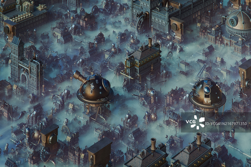 蒸汽朋克奇幻城市景观，俯瞰视角图片素材