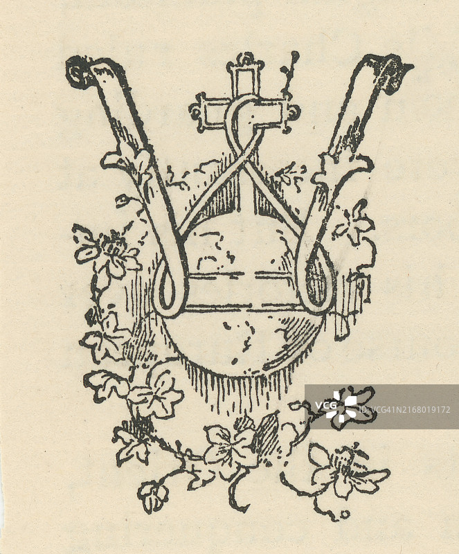 古代雕刻插图：字母W，装饰图片素材