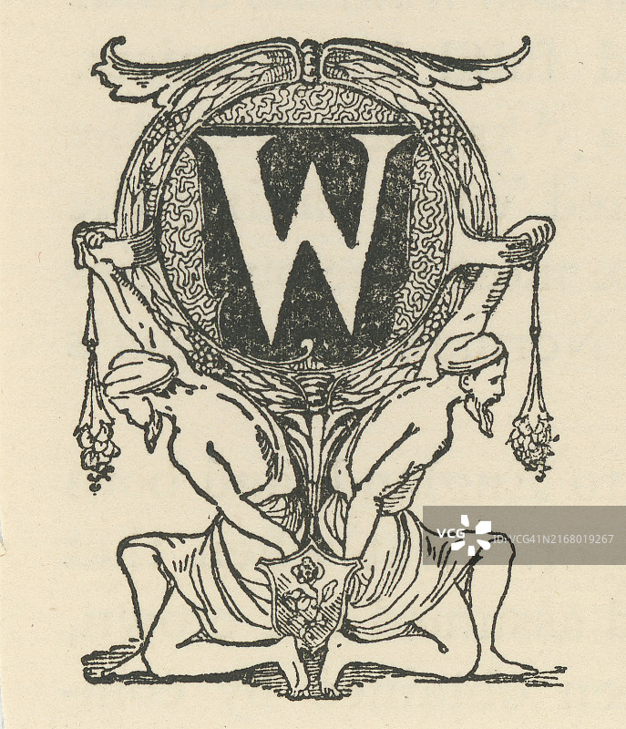 古代雕刻插图：字母W，装饰图片素材