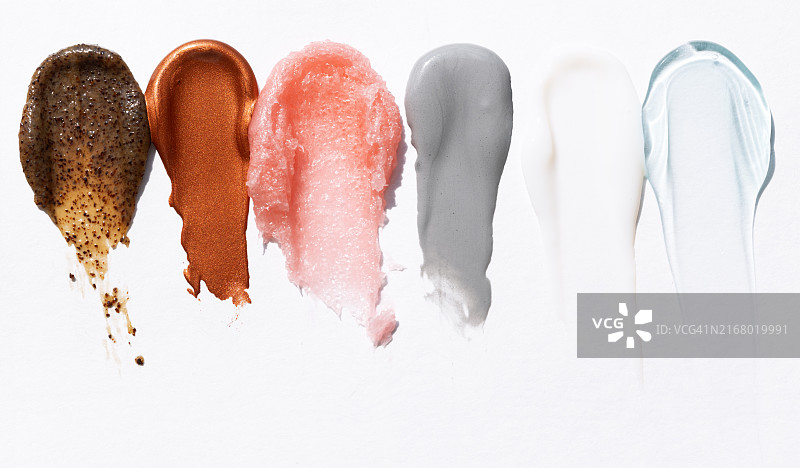 不同质地乳霜磨砂膏去角质凝胶精华液色板图片素材