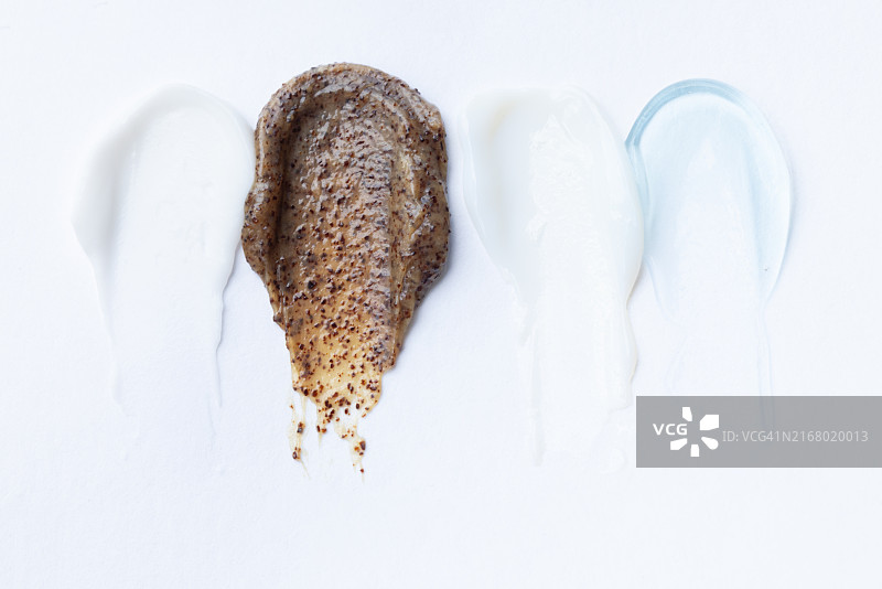 不同质地乳霜磨砂膏去角质凝胶精华液色板图片素材