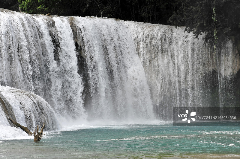 墨西哥恰帕斯州蓝色瀑布的碧绿水域图片素材