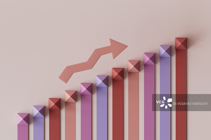 3D渲染：粉色背景上带箭头的彩色增长条形图图片素材