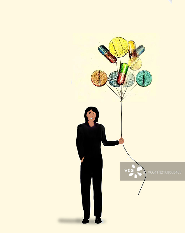 手持药丸气球的女子插画图片素材