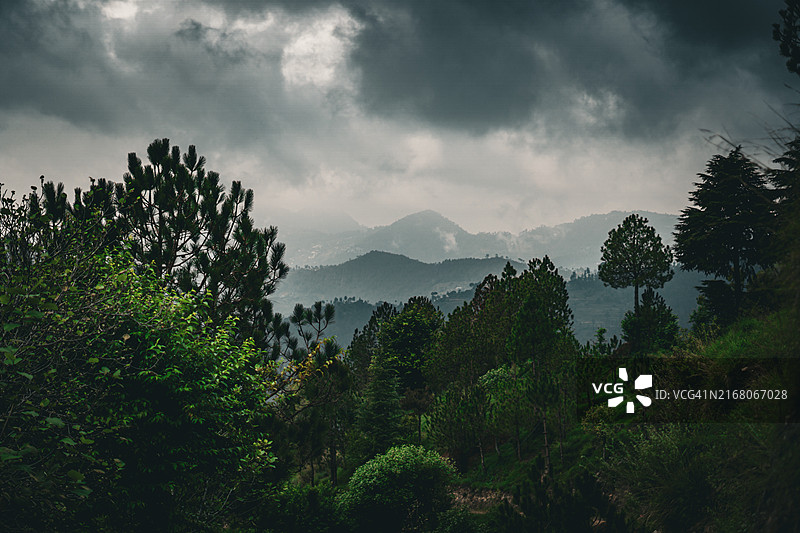 树木和群山映衬天空的美景图片素材