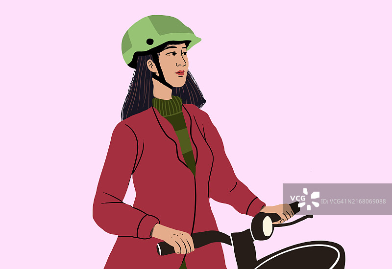 骑着滑板车、戴着绿色头盔的女商人，背景为粉色图片素材