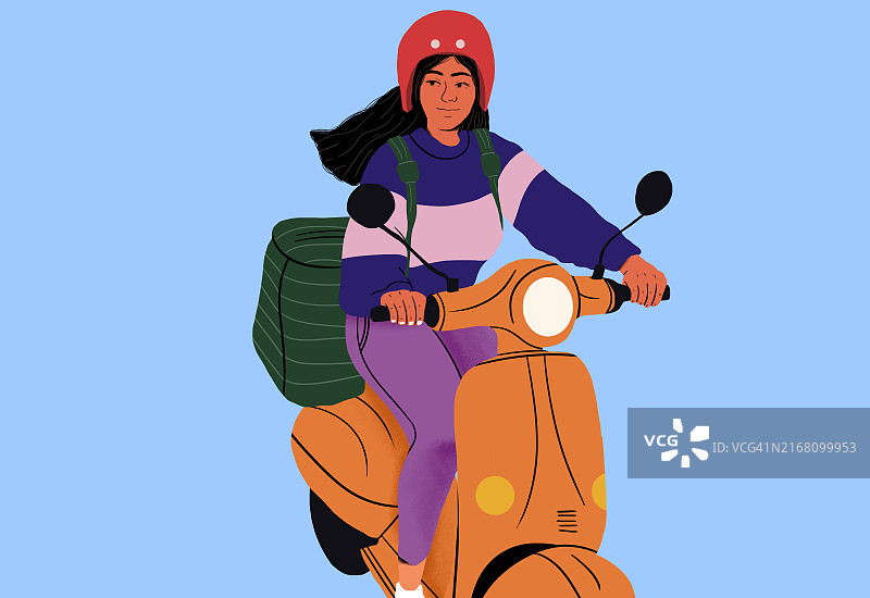 背着背包骑着滑板车的年轻女人图片素材