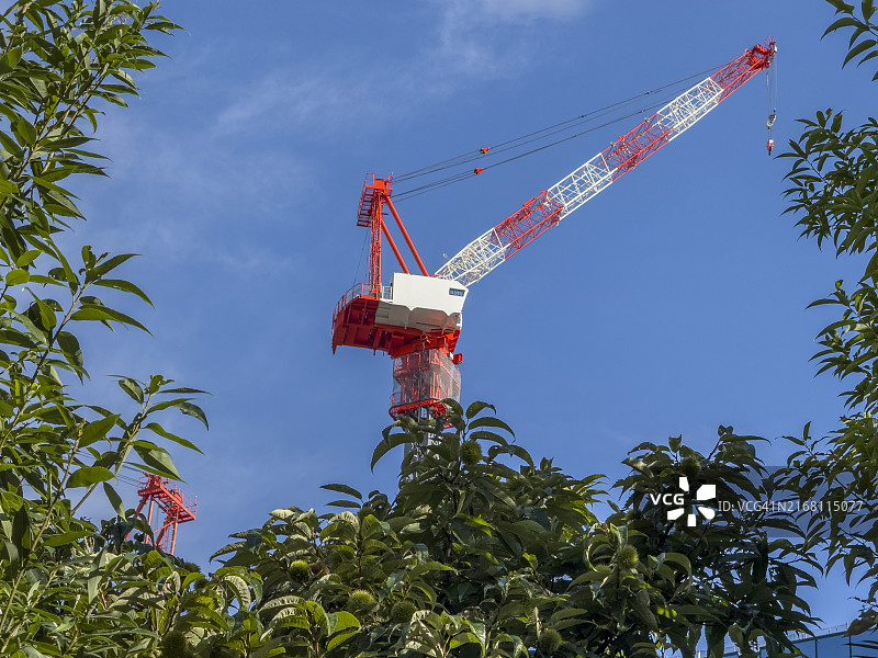 蓝色天空下的红色和白色塔吊图片素材