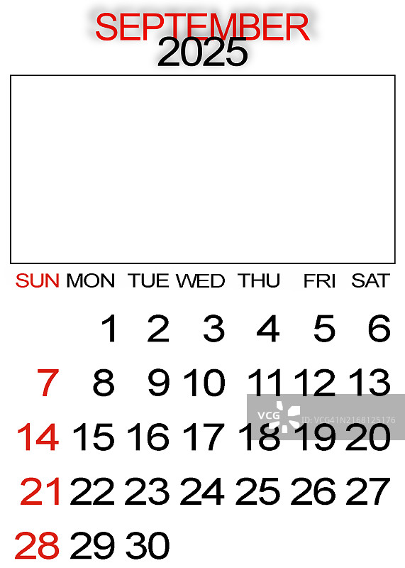 2025年9月：留白竖版日历（周日为每周起始日）图片素材