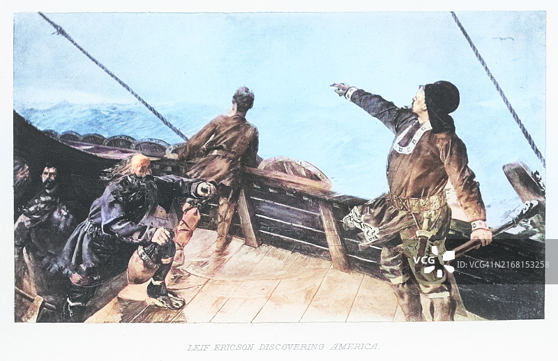 莱夫·埃里克森发现美洲古老雕刻插图图片素材