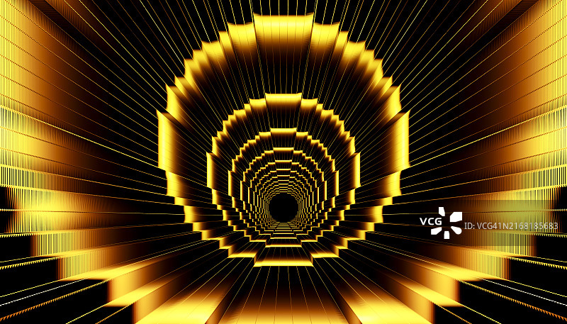黑色背景中金色几何漩涡的3D渲染结构（正面视角）图片素材