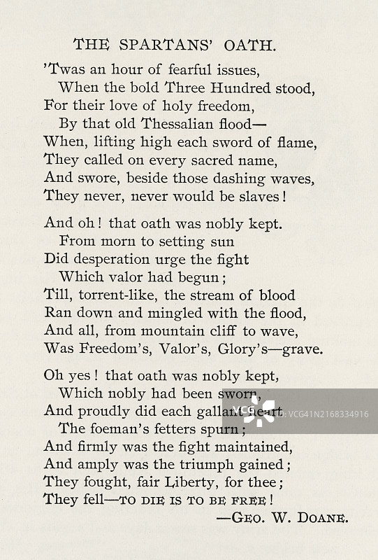 乔治·华盛顿·多恩诗歌《斯巴达誓言》古老雕刻插图图片素材