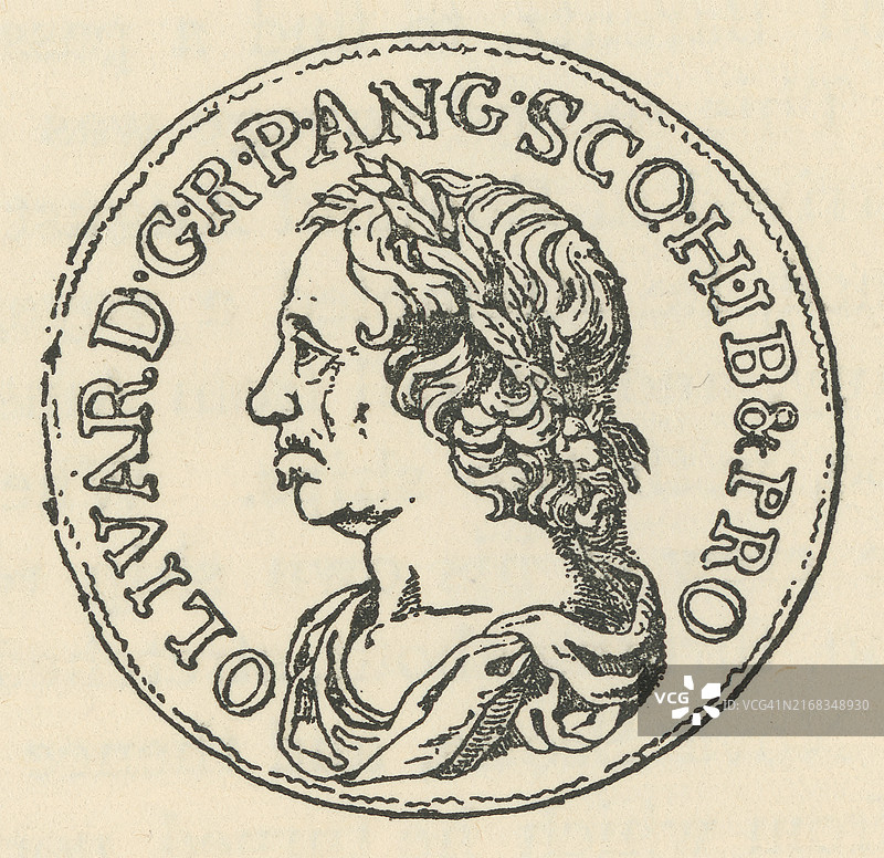 古老雕刻插画：钱币学，1658年克伦威尔英国银先令图片素材