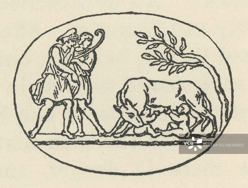 罗穆卢斯和瑞摩斯在台伯河畔被母狼哺乳的古老雕刻插图图片素材