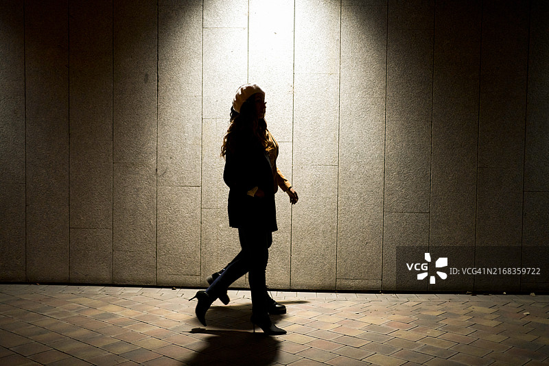 夜晚街灯下两个女人行走的剪影，夜生活概念图片素材