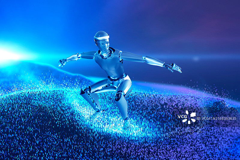 在二进制浪潮中冲浪的机器人图片素材