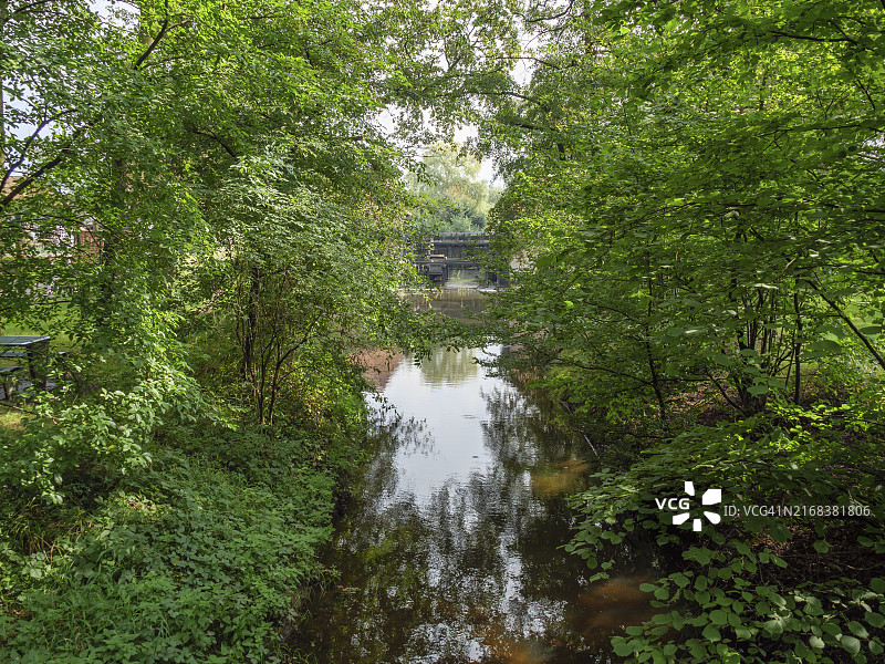 荷兰哈克斯贝亨，郁郁葱葱的森林环绕着宁静的河床图片素材