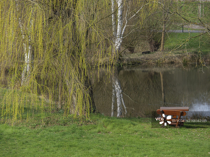 德国德累斯顿格里马的池塘、树木和长椅图片素材