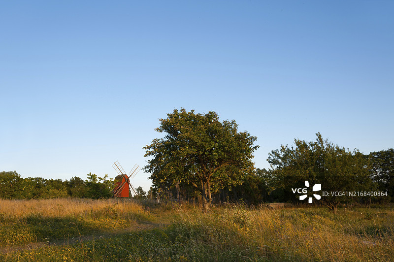 瑞典厄兰岛比尔克鲁克小镇附近的古老木制风车图片素材