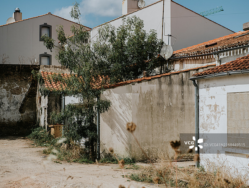 在一个小镇上的废弃建筑物，杂草丛生，屋顶饱经风霜图片素材