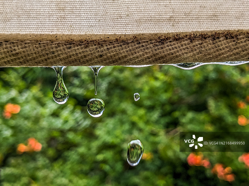 雨滴从遮阳篷滴落的特写图片素材