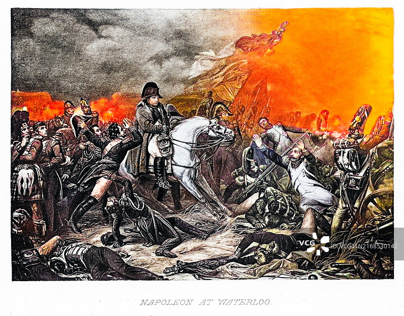 拿破仑一世在1815年6月18日滑铁卢战役中古老雕刻插图图片素材