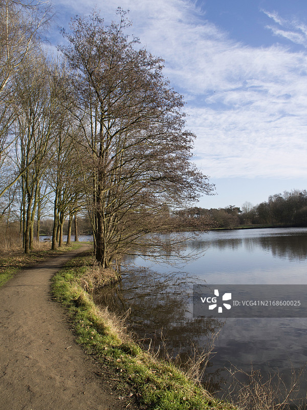 德国博尔肯，沿着河流的蜿蜒小路，两旁是光秃秃的树木和秋天的植被，蓝天白云图片素材