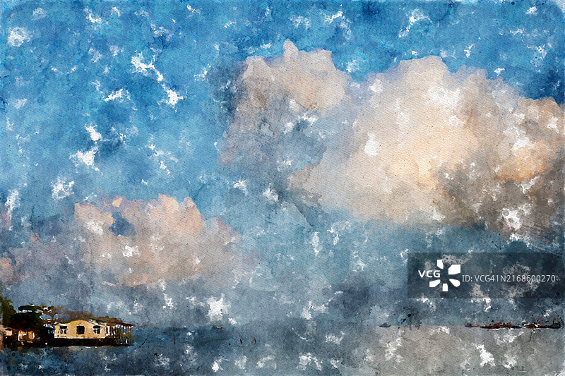 平静的海景水彩画：水上房屋图片素材