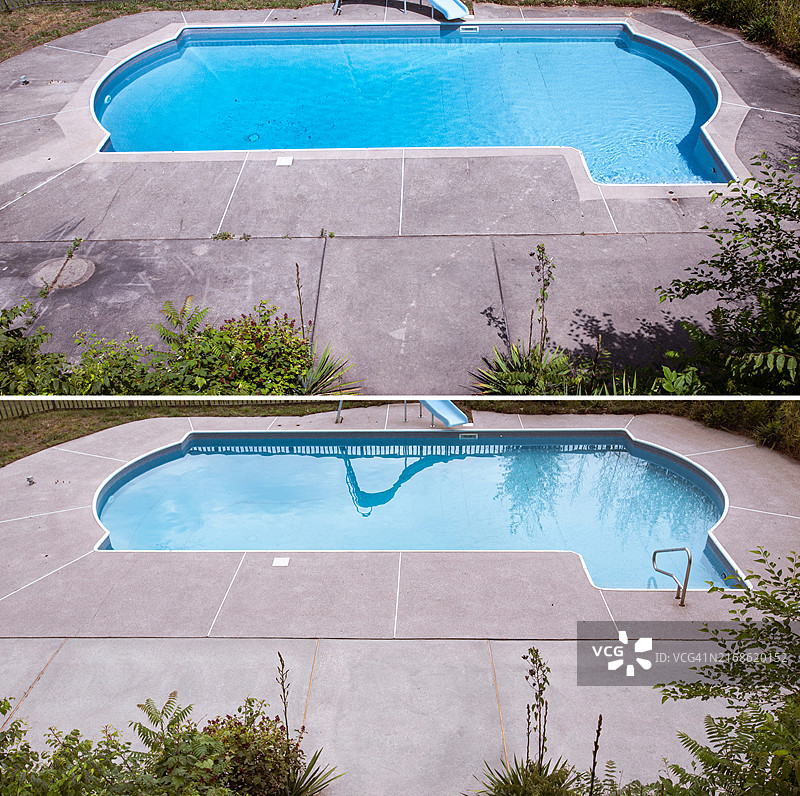 泳池露台清洗前后对比：水泥地面清洁效果图片素材