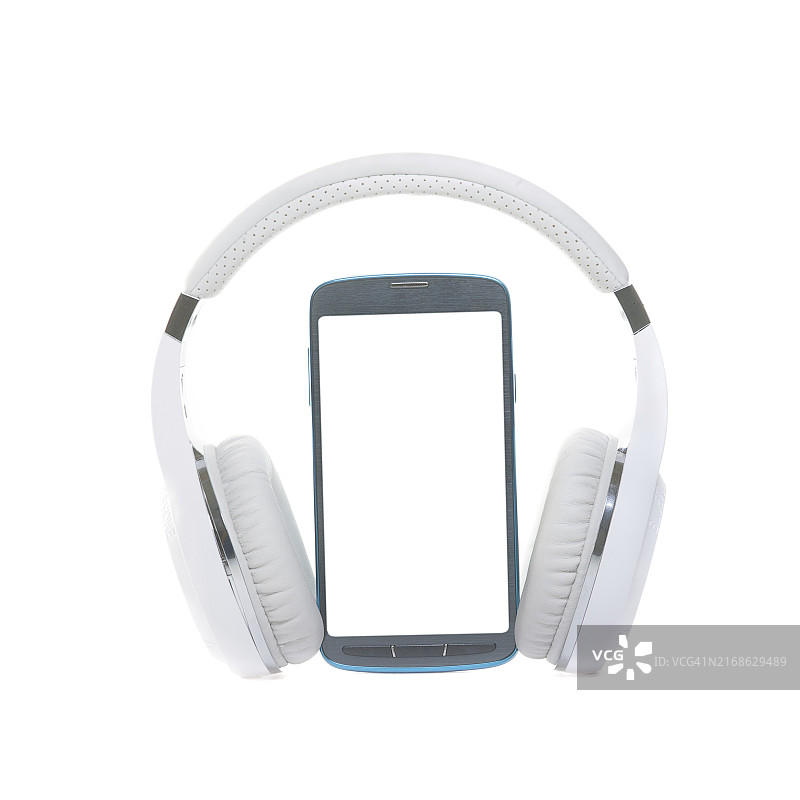 带无线耳机的创意手机，便携式音频概念图片素材